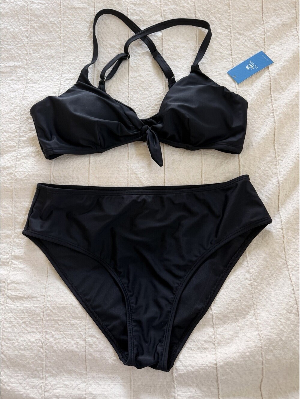 CUPSHE Black Knotted Front Tie Bikini Set Swimsuit Adjustable Straps Size Large